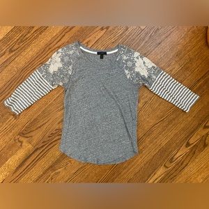 J Crew Heather Grey Stripe Floral Baseball 3/4 Tee